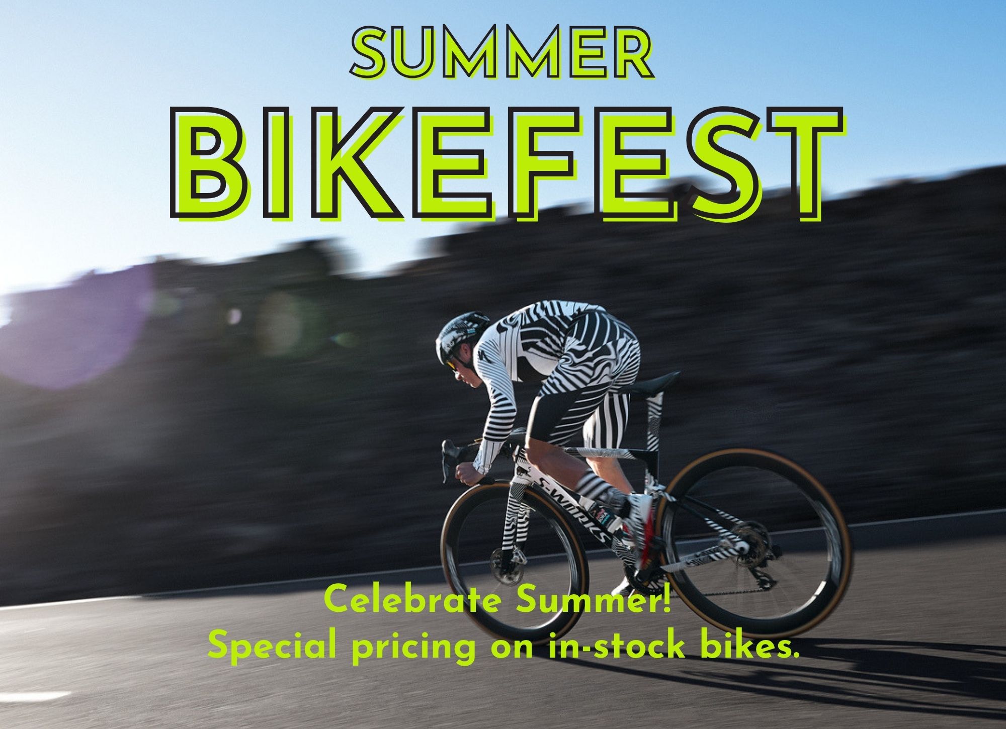 Man riding bike in the mountains. Banner text that says Summer Bikefest
